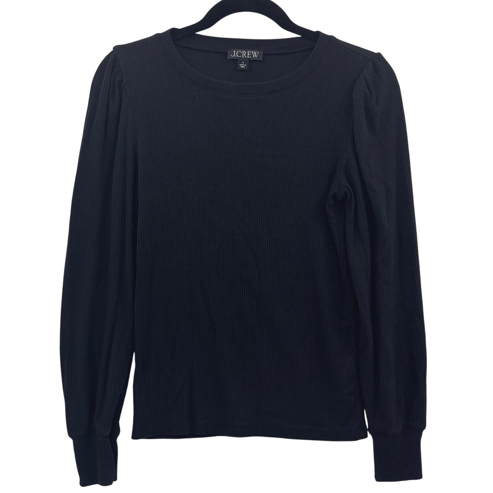J Crew Vintage‎ RIb Puff Sleeve Top Black Small Basic Minimalist Preppy Normcore